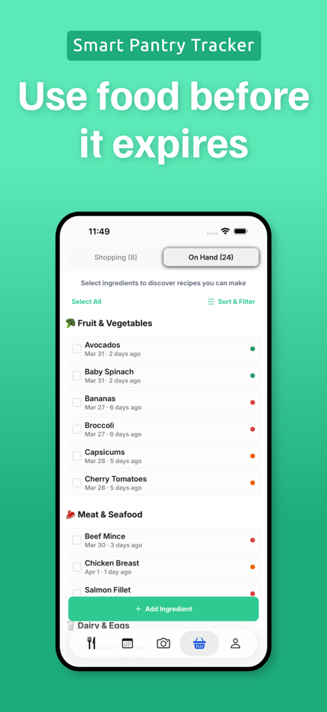 Pantry Pic: Photo to Recipe - Mobile app interface showing a smart pantry tracker with ingredient freshness indicators and expiration dates
