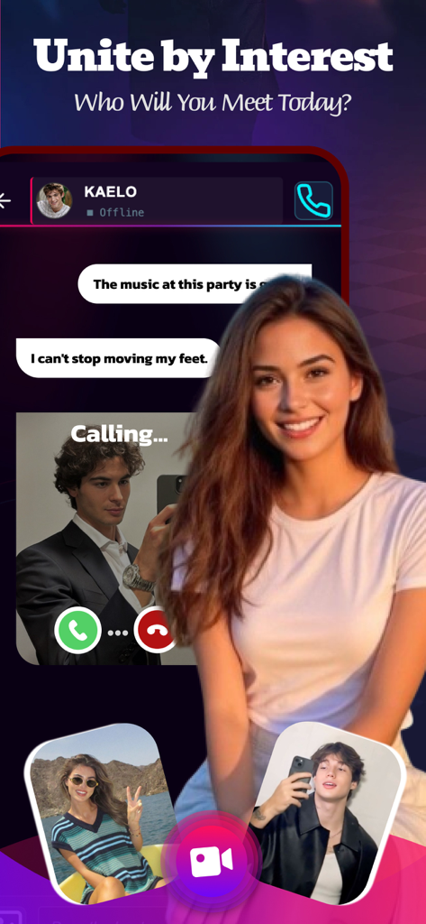 Drift - Chat & Share - Interface do aplicativo Drift mostrando mensagens de chat e uma tela de chamada de voz para conectar usuários
