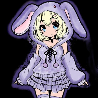 pretty anime girl wearing a fluffy hoodie with bunny ears on the hood and a skirt