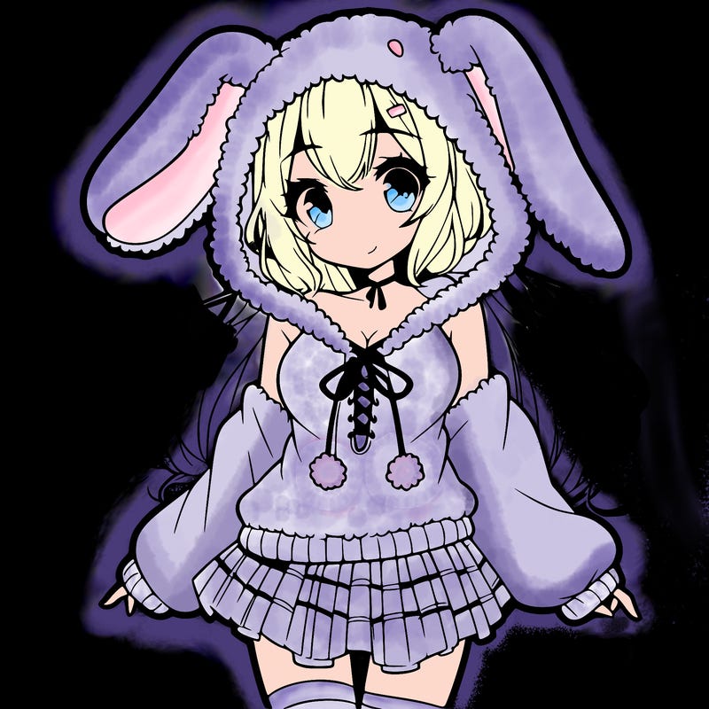 pretty anime girl wearing a fluffy hoodie with bunny ears on the hood and a skirt