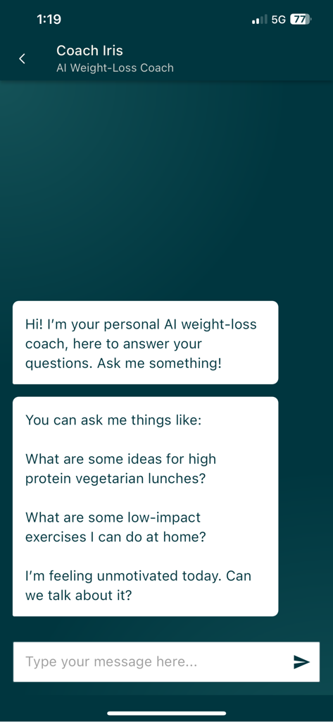 Chat interface of the Allurion app showing Coach Iris, a personal AI weight-loss coach providing advice and support.