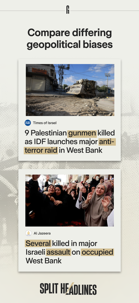 Ground News - Comparison of different news headlines on Ground News to show geopolitical bias from various sources.