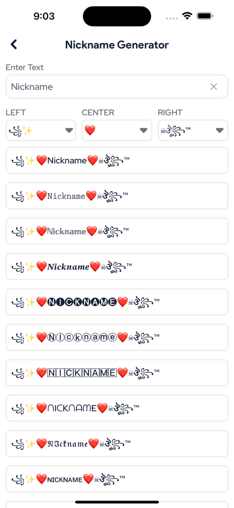 Text Repeater: Repeat Text 10K - A tela do gerador de apelidos do aplicativo mostrando vários estilos de fontes de texto e símbolos decorativos para perfis de redes sociais.