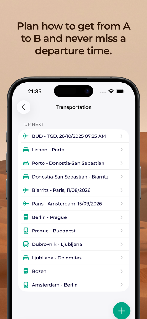 Lambus | Travel Planner - Captura de tela da seção de transporte do aplicativo Lambus mostrando uma lista de segmentos de viagem, incluindo voos, viagens de carro e jornadas de trem com datas e horários.