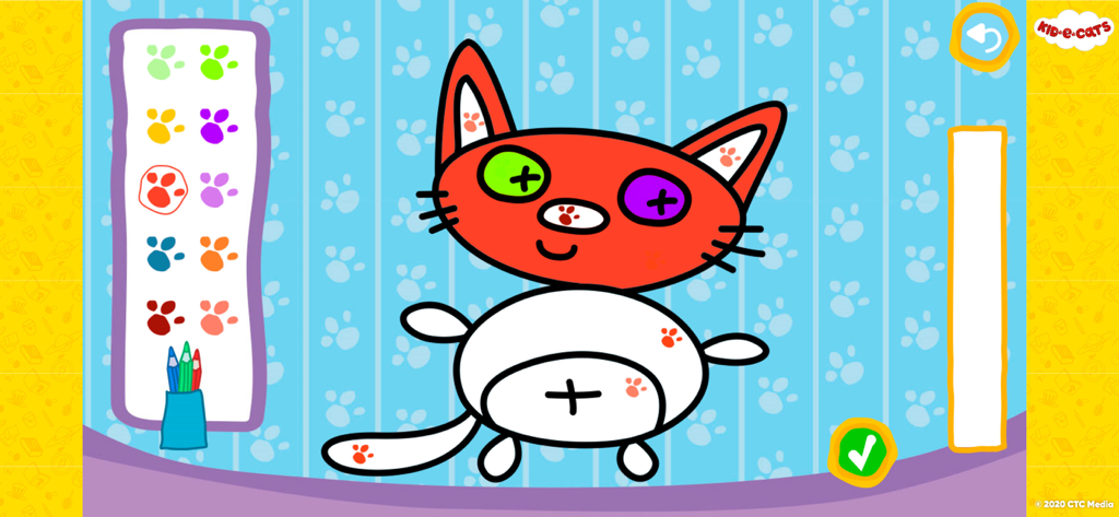 A day with Kid-E-Cats - Una pantalla creativa para colorear y dibujar de la aplicación Kid-E-Cats con un personaje de gato y coloridas estampillas de huellas de patas.