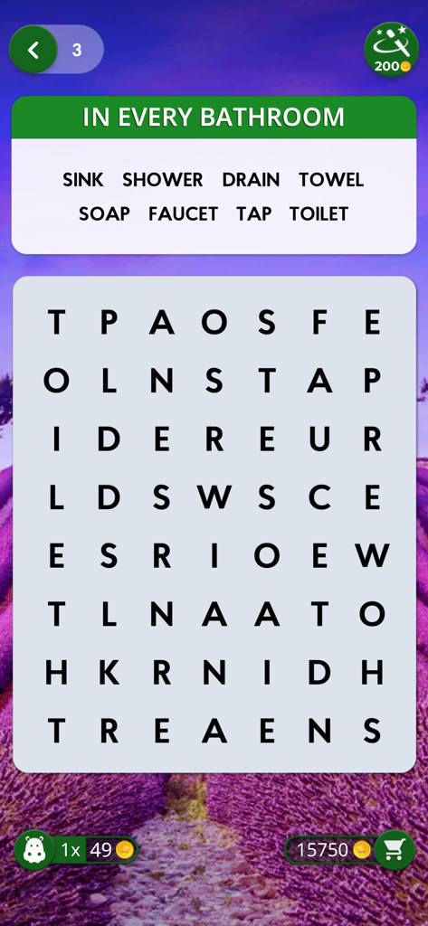 A bathroom themed word search puzzle in Words of Wonders Search with a relaxing lavender field background.