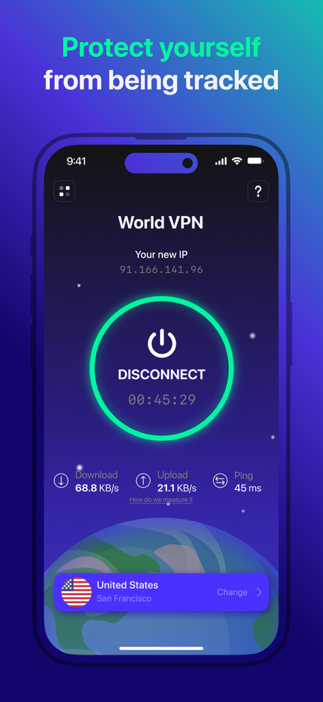 World VPN app screen showing a secure connection to a server in the United States