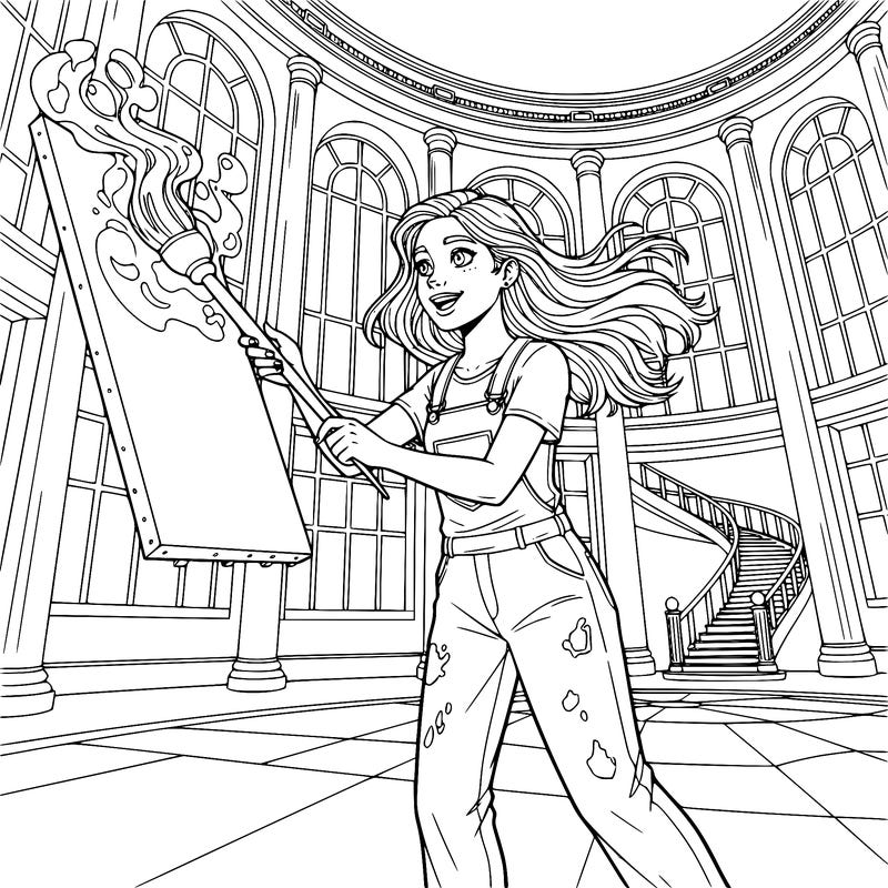 teenage girl with a magic expression paint in a lobby