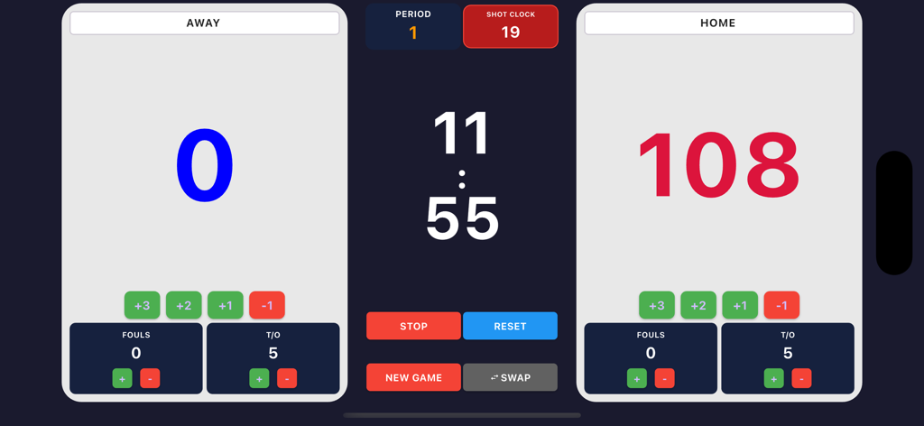Simple Smart Score Board - Digital basketball scoreboard showing scores for home and away teams with a game clock and shot clock
