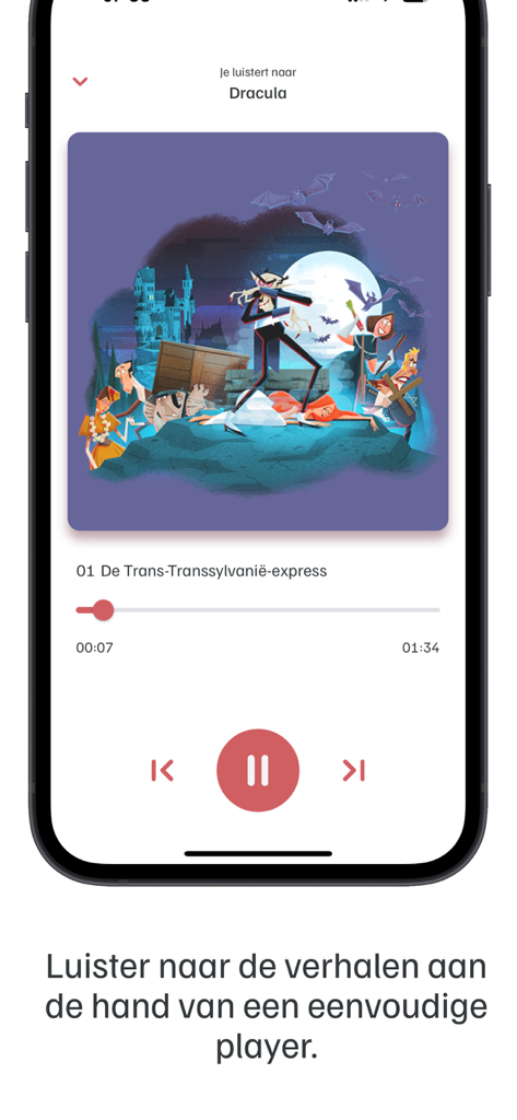 Geluidshuis app audio player interface featuring the Dracula story illustration