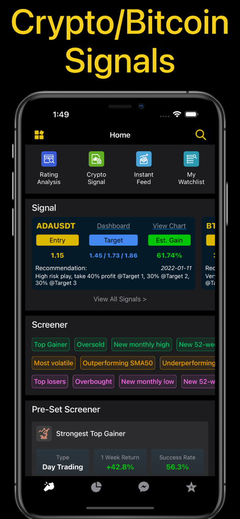 Mobile Benutzeroberfläche der Krypto Signale App, die ein Handelssignal für ADAUSDT mit Einstiegspreisen und Markt-Screenern anzeigt.
