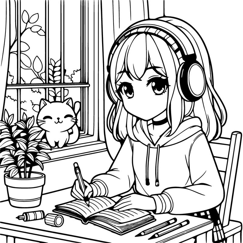 pretty anime girl listening to headphones sitting at a desk writing in a notebook with a plant on the desk and with a cat laying on the window sill