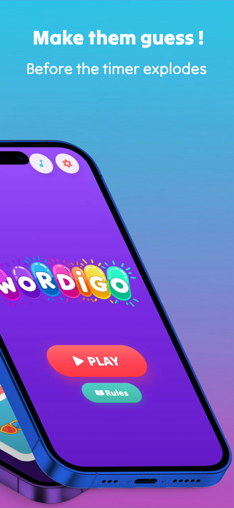 Wordigo : Play with friends - Menú principal de la aplicación Wordigo que se muestra en la pantalla de un smartphone, mostrando el botón de jugar y las reglas