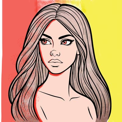 one realistic woman with long hair and serious face looking off into distance