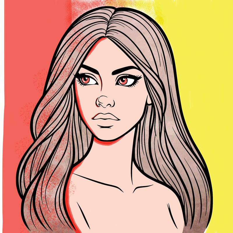 one realistic woman with long hair and serious face looking off into distance