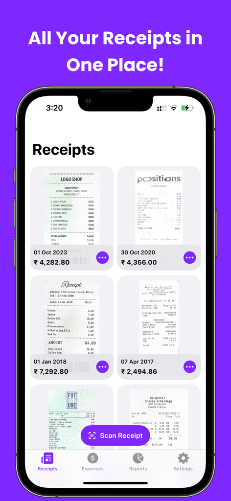 Smart Receipts Receipt Tracker - Das Dashboard der Smart Receipts-App zeigt ein Raster gescannter Belege mit Datum und Summen.