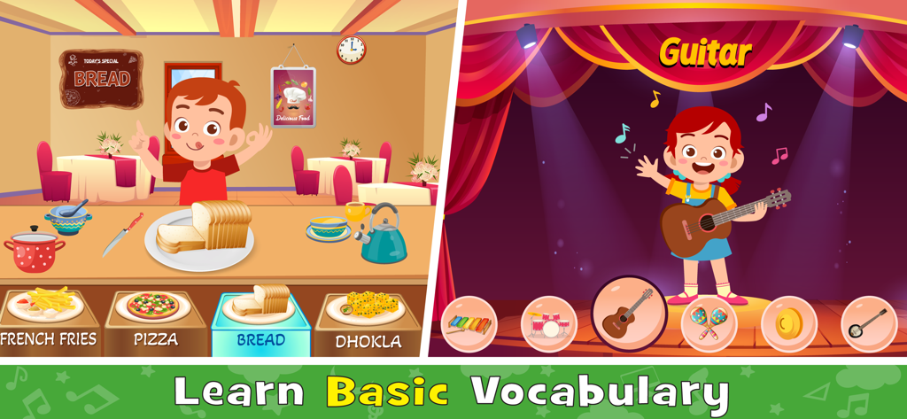 Baby Games: Learning English - Pantallas interactivas para que los niños aprendan nombres de alimentos e instrumentos musicales en inglés.