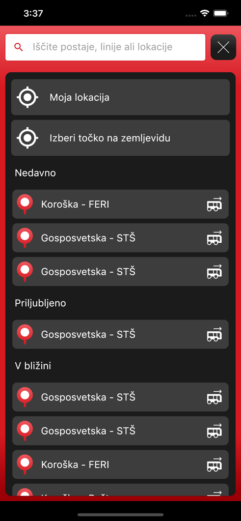 M mobilnost app search screen for bus stations and transit routes in Maribor