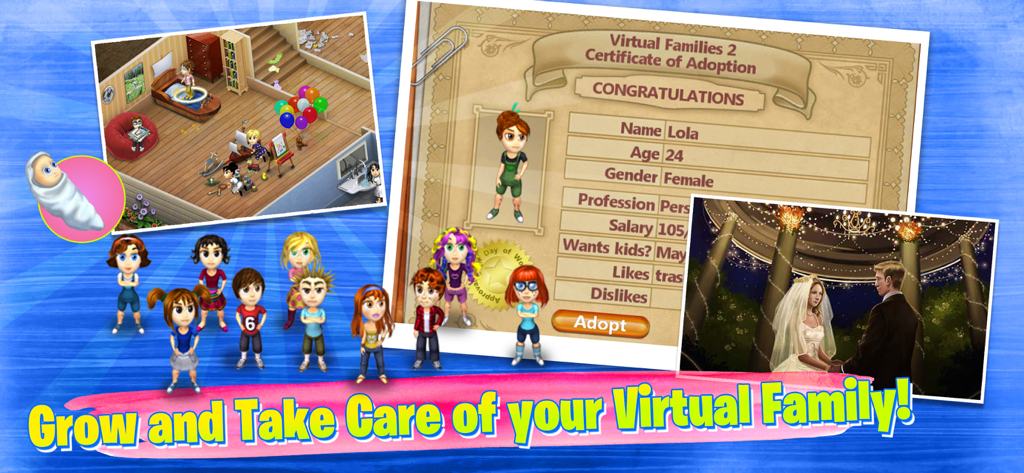 Virtual Families 2 Dream House - Un collage de juego de Virtual Families 2 que muestra un certificado de adopción, una escena de boda y personajes en una casa decorada.