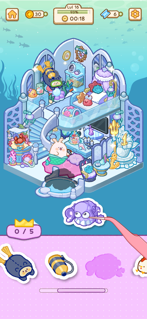 Charmies Land: Sticker Doodle - 水中のシーンと紫のタコのステッカーを特徴とするカワイイステッカーパズルゲームプレイ