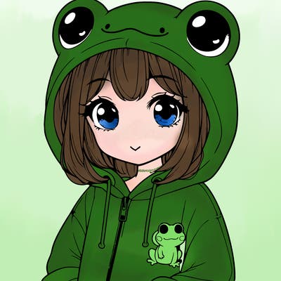cute realistic girl in a froggy hoodie