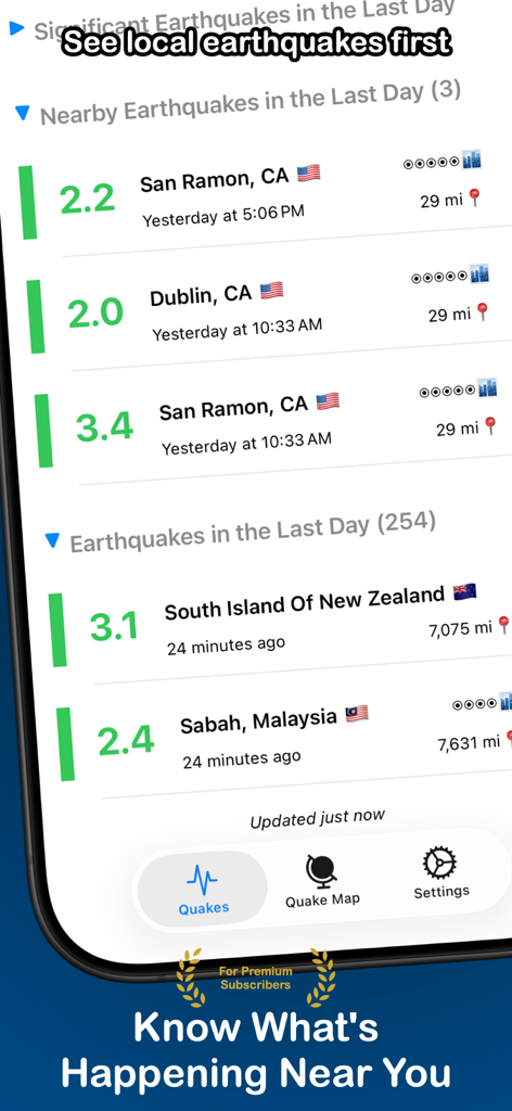 QuakeInfo: Seismic Monitoring - Interfaccia dell'app QuakeInfo che mostra un elenco di terremoti vicini e attività sismica locale.