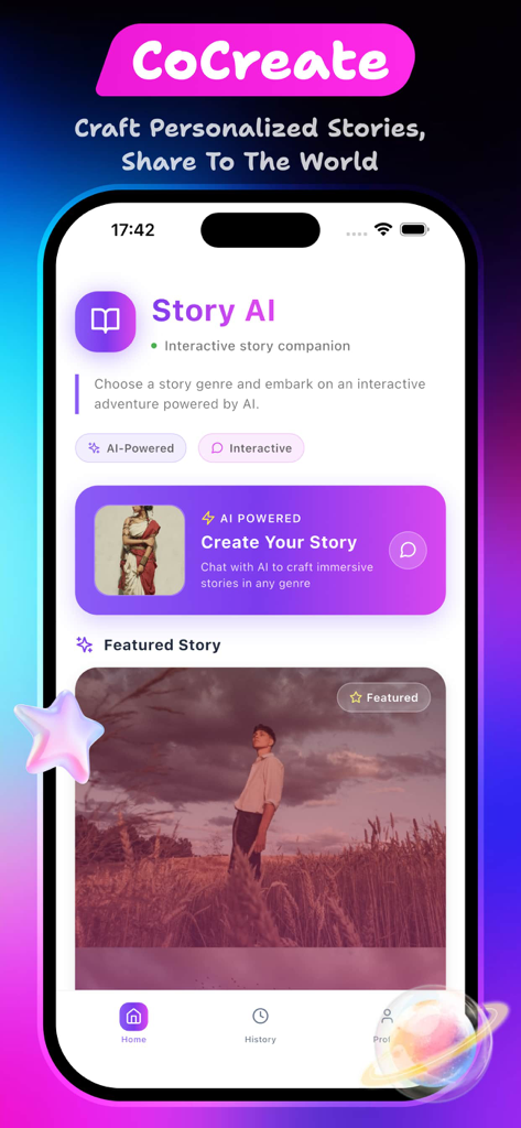 Screenshot of Curvae app showing the Story AI feature for creating and sharing personalized interactive stories.