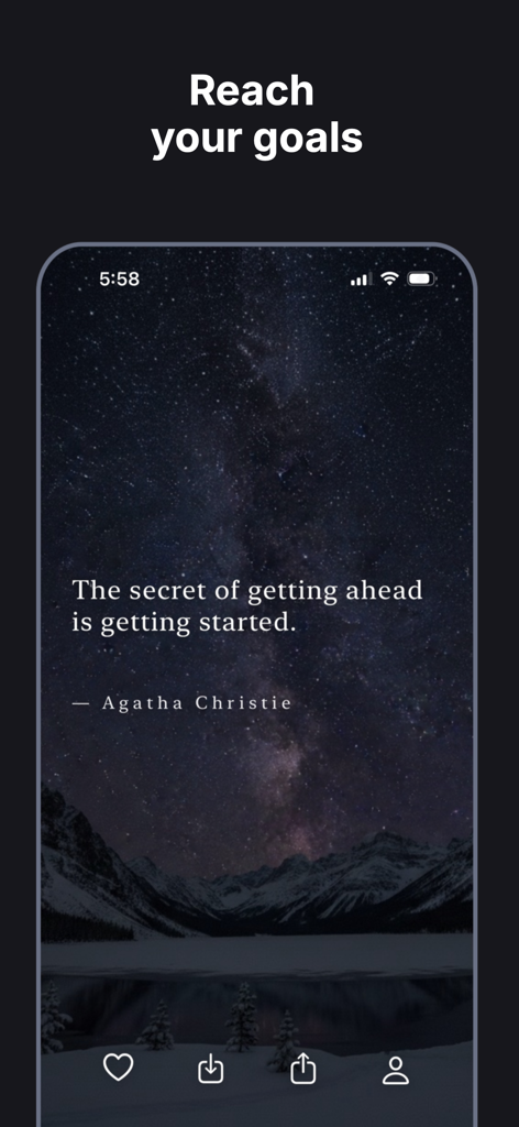 Rize Daily Motivation - Rize app screenshot displaying an inspirational quote by Agatha Christie over a beautiful starry night landscape background with the text Reach your goals.