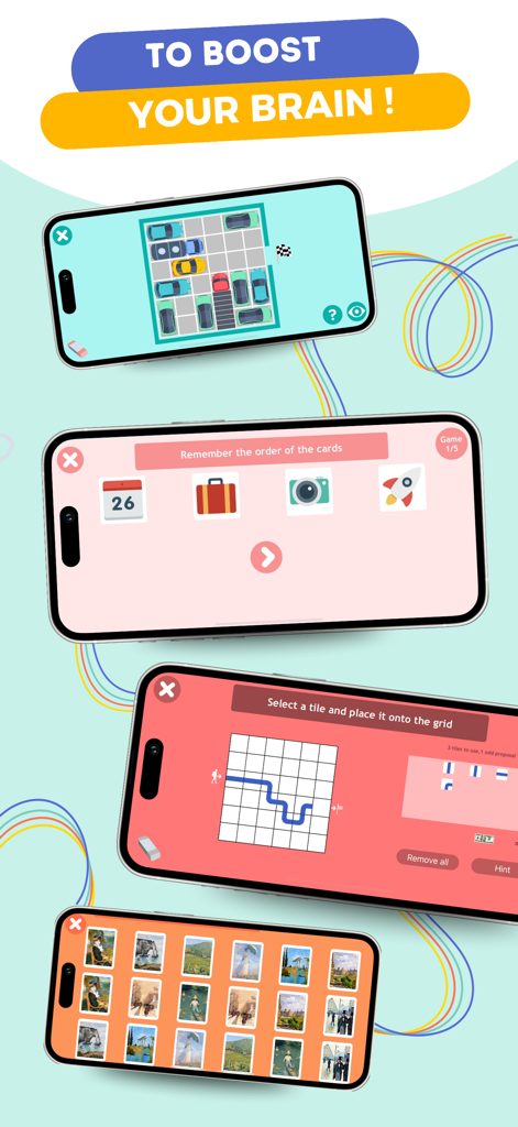 CLINT, your brain coach - Four smartphones displaying different cognitive and memory games from the CLINT brain coach app