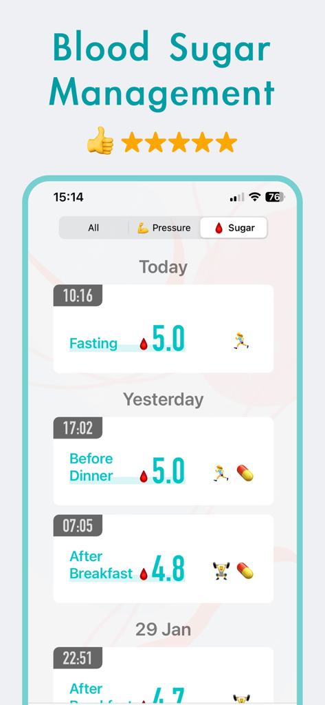 KeepBP app screenshot showing blood sugar management logs with fasting and mealtime readings