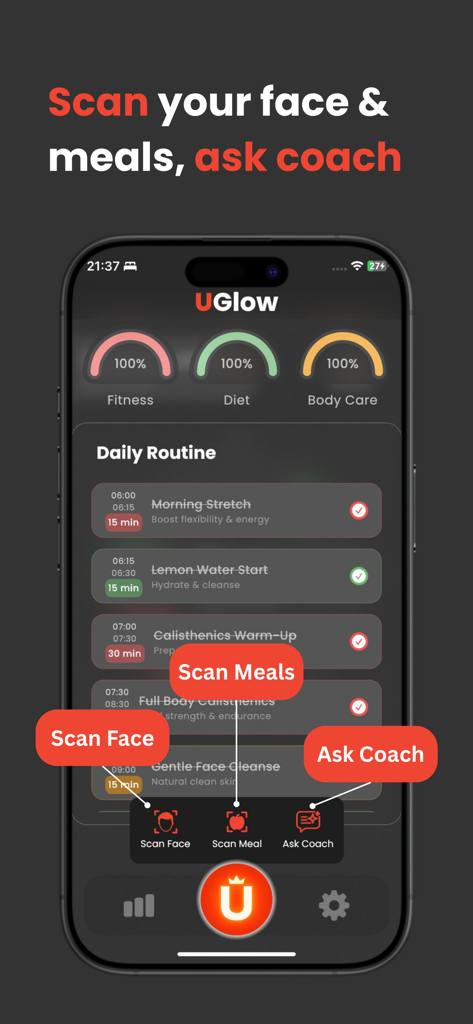UGlow app interface displaying daily routines and glow up tools