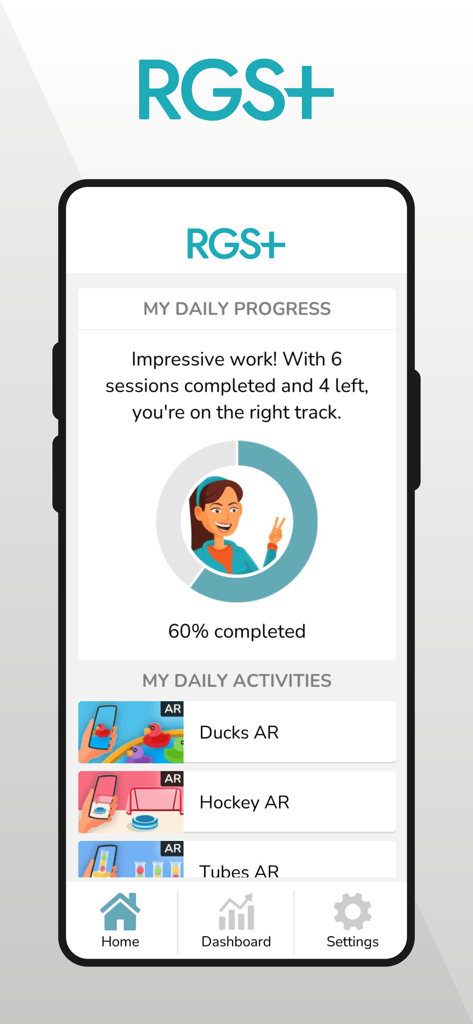 Panel de la aplicación móvil RGS+ que muestra un 60 por ciento de finalización del progreso diario y una lista de actividades de rehabilitación AR que incluyen Patos AR y Hockey AR