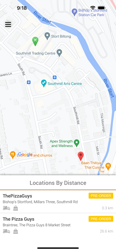 The Pizza Guys ® - Interface de mapa do aplicativo The Pizza Guys mostrando locais de lojas próximas com distância e botões de pré-pedido