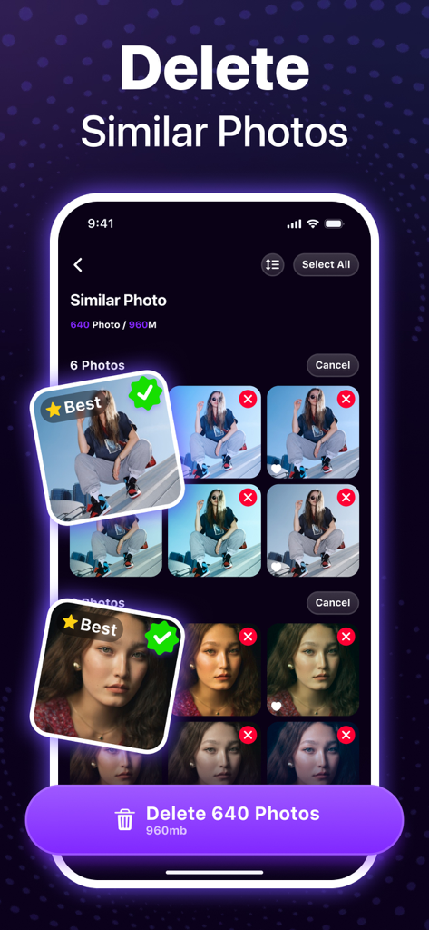 Magic Album-Storage Cleaner - Magic Album 앱 인터페이스가 저장 공간 확보를 위해 삭제할 유사 사진을 AI가 감지하는 것을 보여줌
