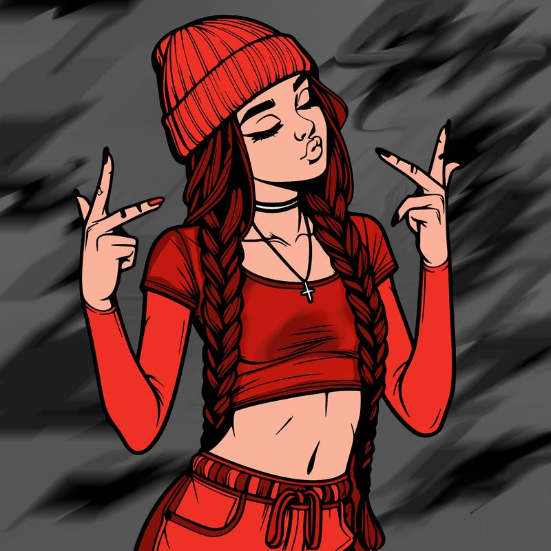 realistic teenage girl with braids and a beanie and crop top doing 🫶🏼