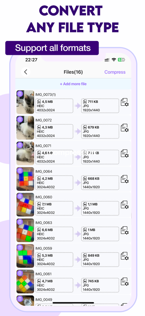 Video Compressor & Reduce size - App interface demonstrating batch conversion of images from HEIC to smaller JPG files