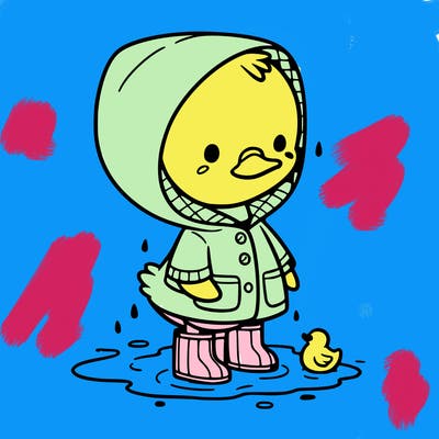 baby duck in a rain coat and boots, in a puddle while it’s raining