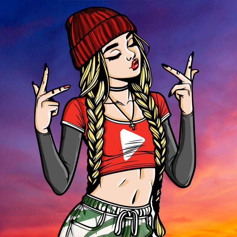 realistic teenage girl with braids and a beanie and crop top doing 🫶🏼