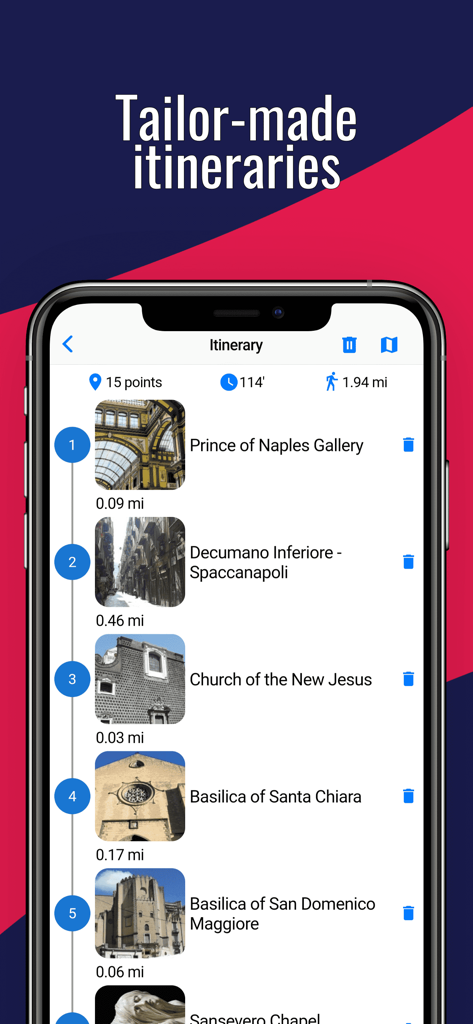 나폴리의 맞춤형 여행 일정, 역사적 랜드마크 및 도보 거리 표시 모바일 앱 화면