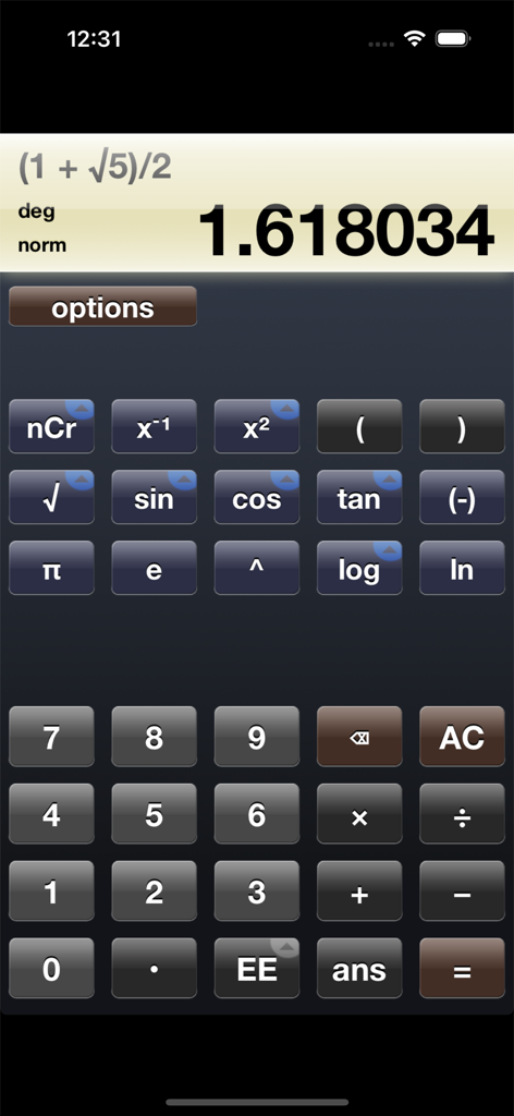 Screenshot of the Calculate app interface showing a scientific calculation and mathematical keypad