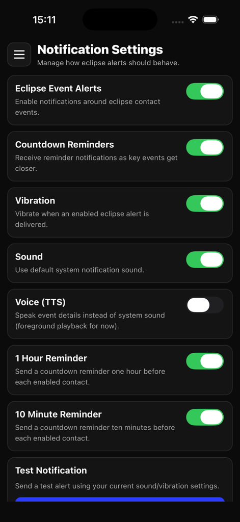 Eclipse Timer - Screenshot of the notification settings screen in the Eclipse Timer app showing options for event alerts and countdown reminders