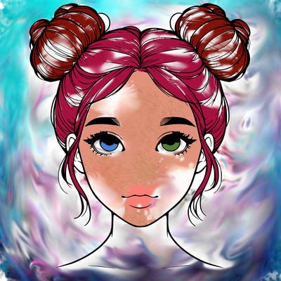 realistic girl with two buns on top of her head