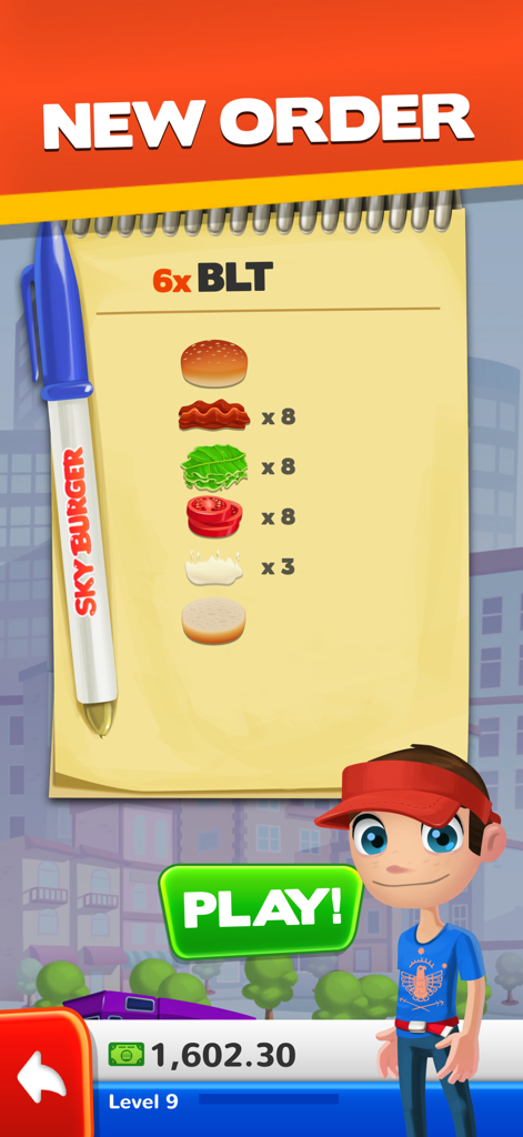 Screenshot of Sky Burger game showing a new BLT burger order on a notepad with a cartoon chef.