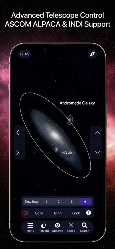 SkySafari 7 Pro - SkySafari 7 Pro mobile app interface displaying the Andromeda Galaxy with advanced telescope control settings