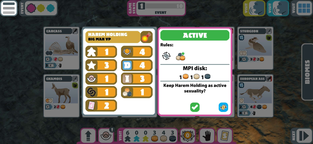 Neanderthal board game Premium - Digital interface of the Neanderthal board game showing a rule card popup and historical species cards