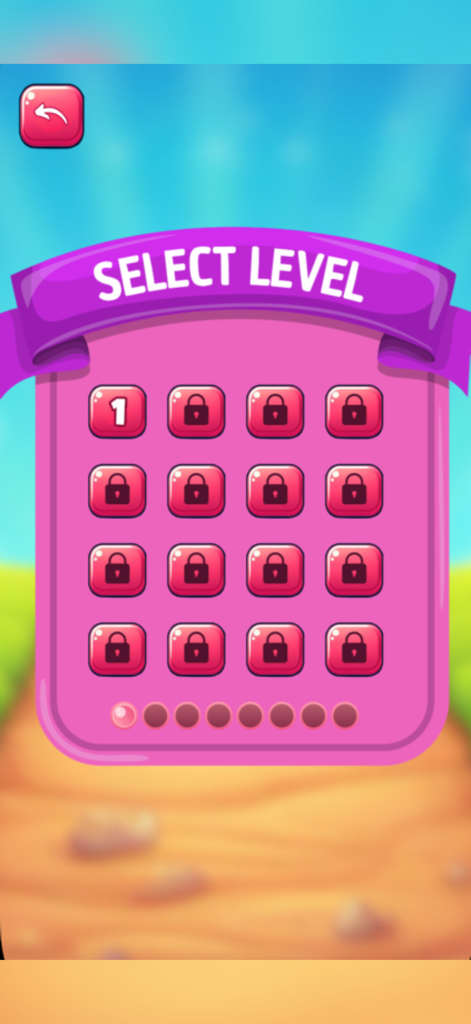 Cute Candy Puzzle - かわいいキャンディパズルのピンクのレベル選択メニュー。グリッド内にロック解除されたレベルが1つと、ロックされたレベルがいくつか表示されています。