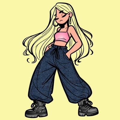 girl in baggy pants crop top and long hair