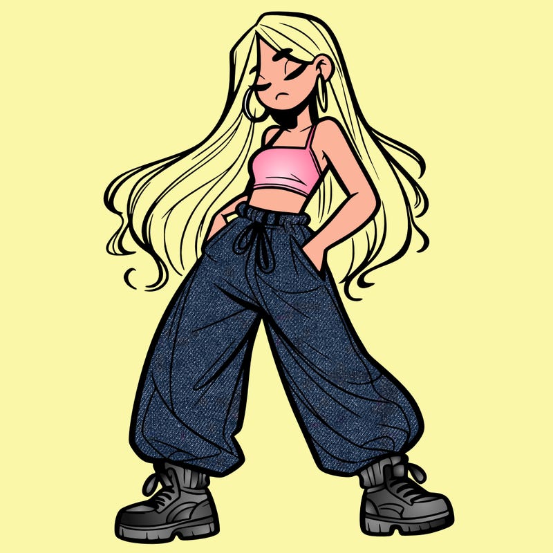 girl in baggy pants crop top and long hair