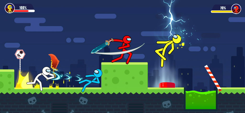 Quatro guerreiros stickman coloridos lutando com espadas e poderes de energia em um jogo de batalha de física 2D.
