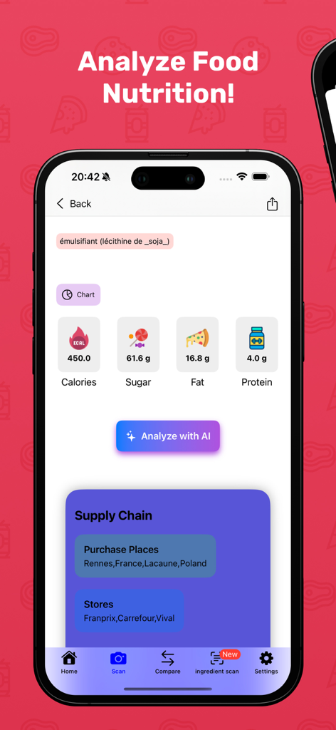 FoodCheckr: food scanner - FoodCheckr app displaying nutritional analysis for calories sugar fat and protein